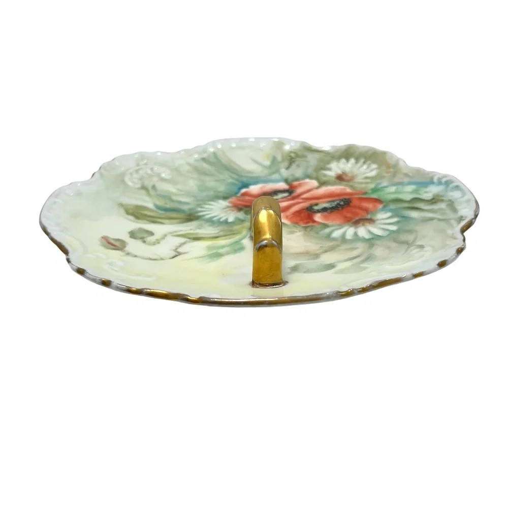 1960s HAND PAINTED FLORAL DESIGN PORCELAIN NAPPY GOLD HANDLED SERVING DISH